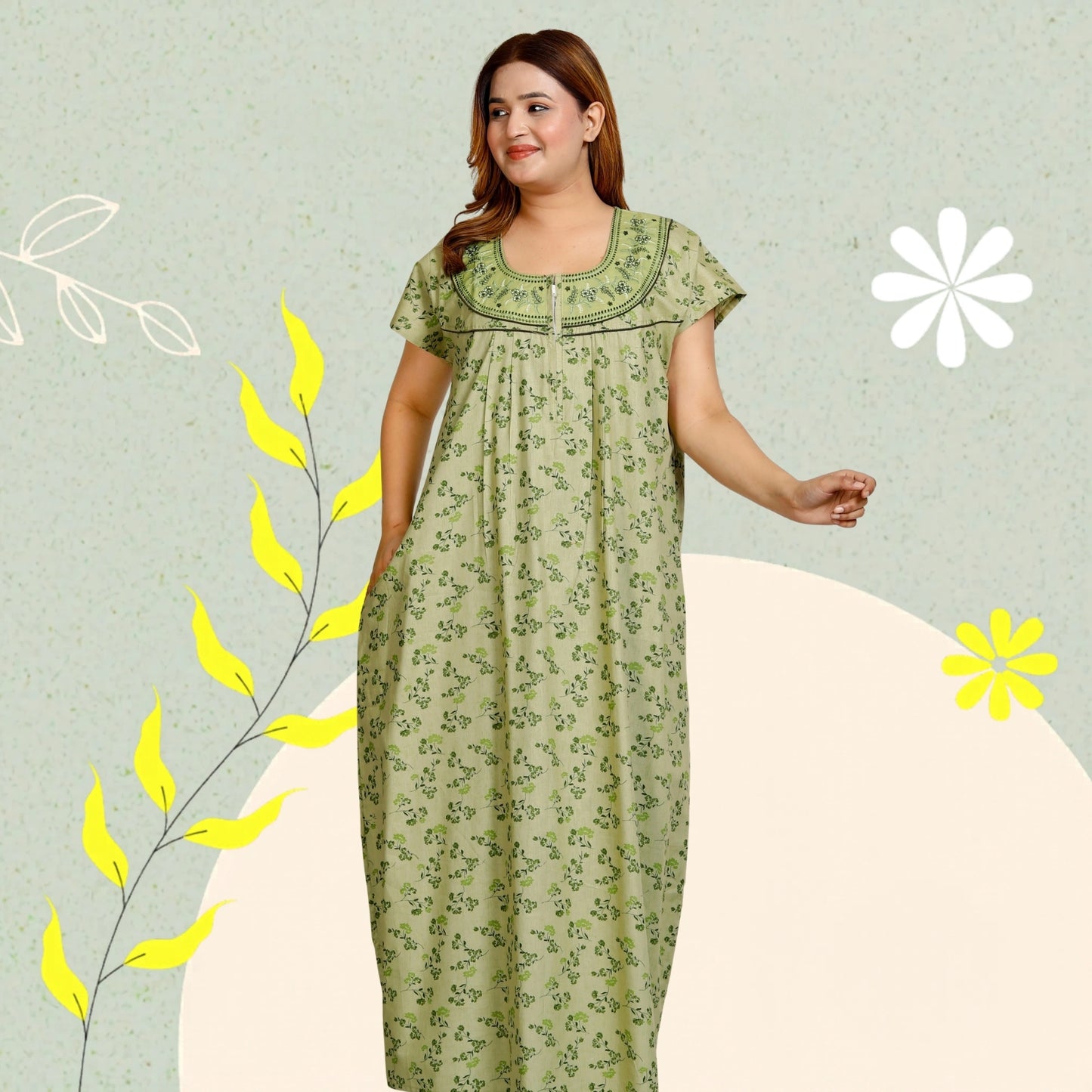 Floral Print Embroidery Nighty for Women(Kelly Green)