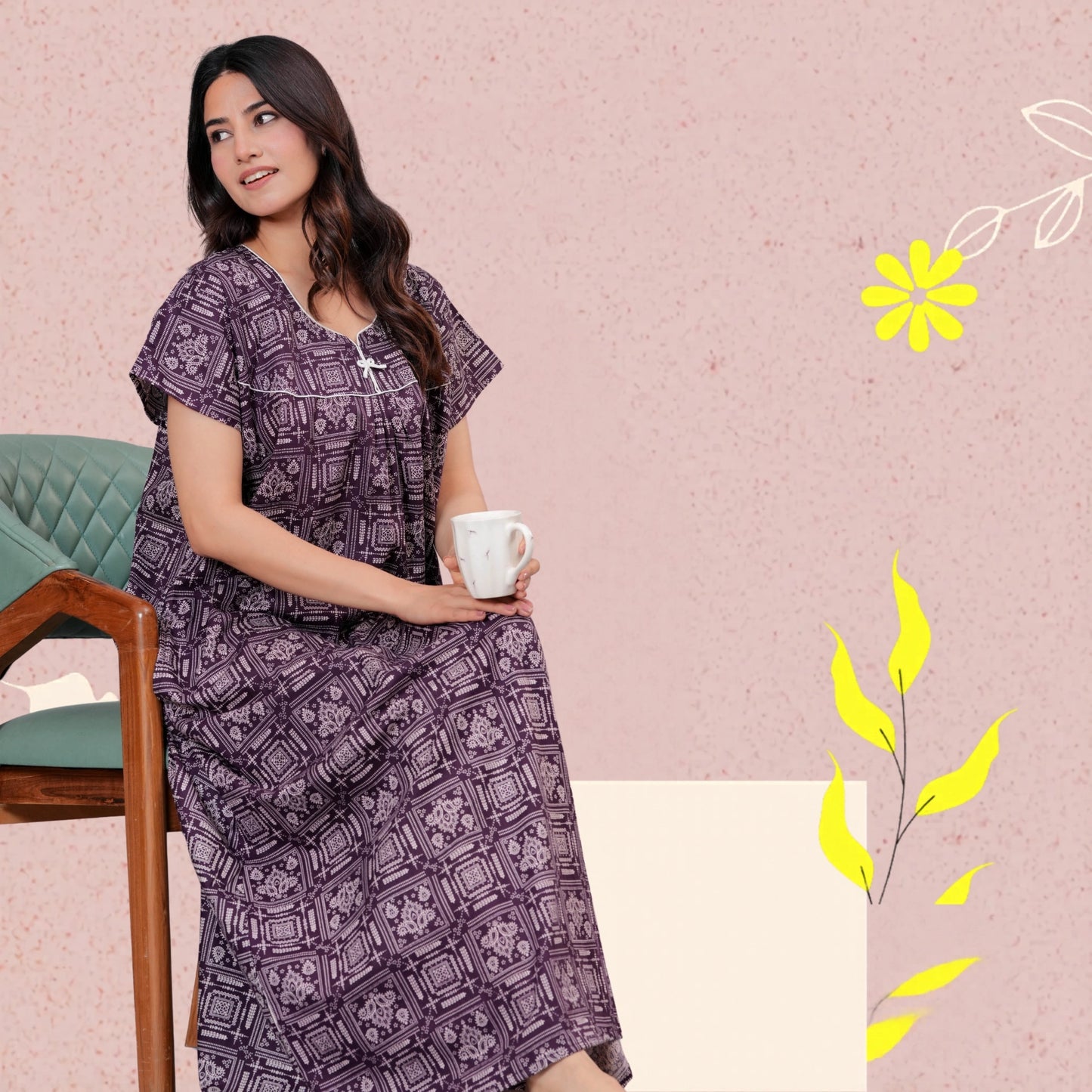 Women's Cotton Maxi Nighty, Geometric Print, Short Sleeve, Full Length Night Dress (Purple, XL)