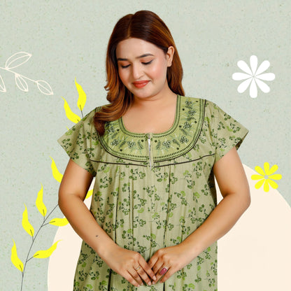 Floral Print Embroidery Nighty for Women(Kelly Green)