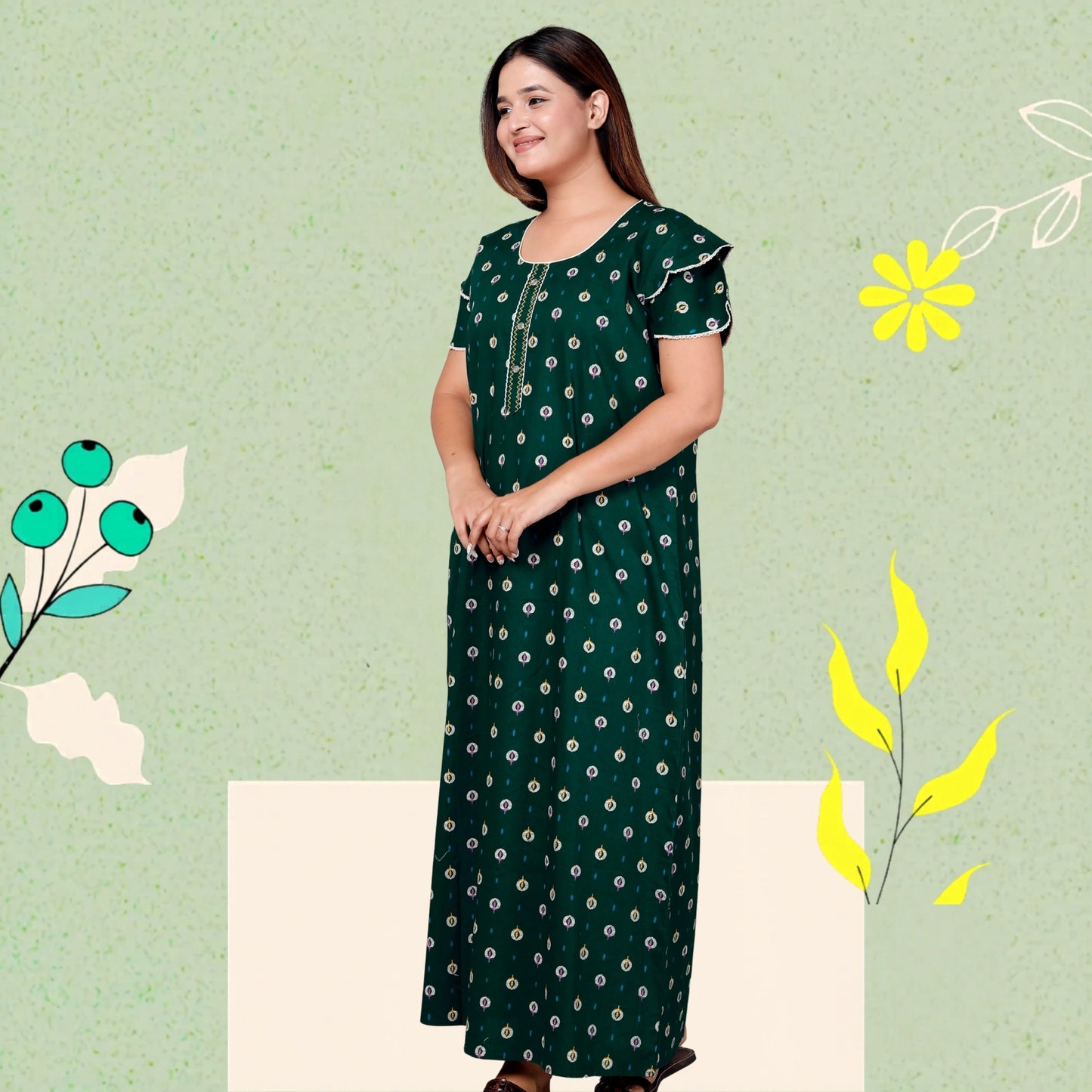 Dark Green Pure Cotton Printed Nighty Maxi with Side Pocket | Soft & Breathable Women’s Nightgown