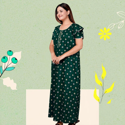 Dark Green Pure Cotton Printed Nighty Maxi with Side Pocket | Soft & Breathable Women’s Nightgown