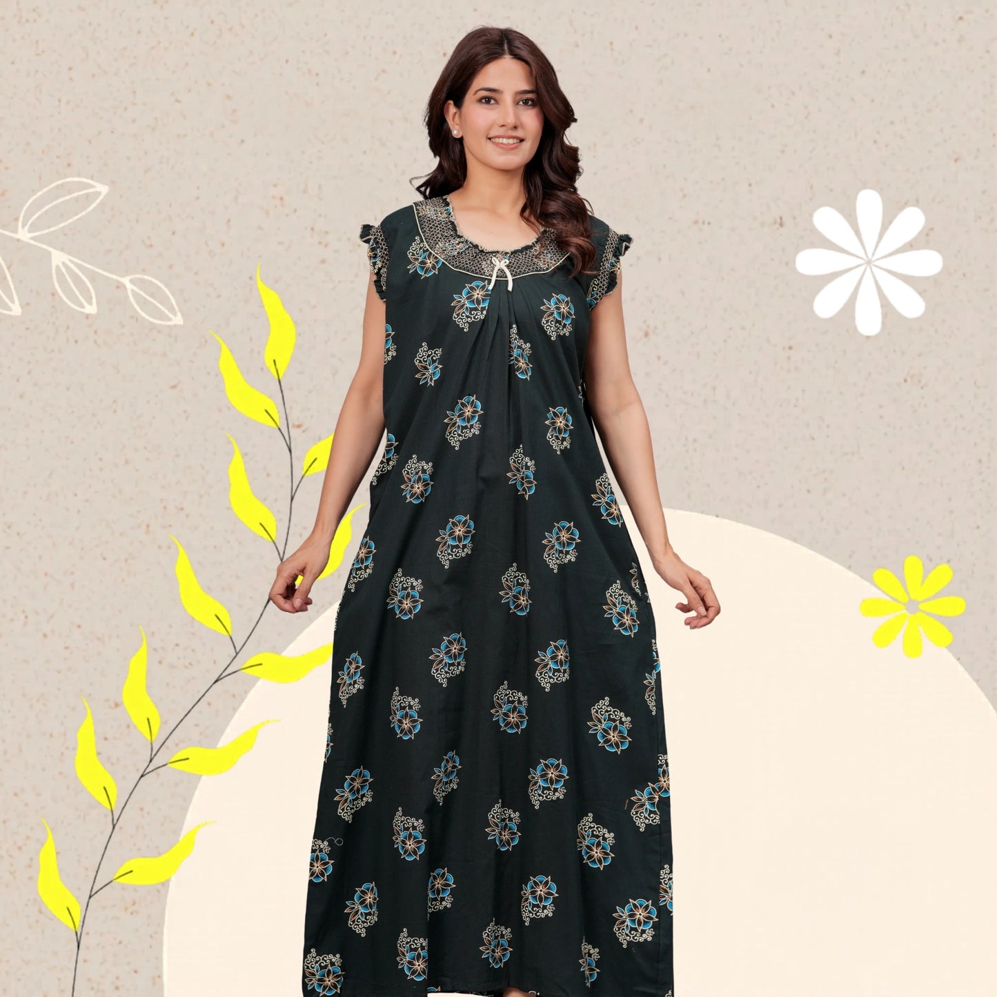 HARGUN NIGHT WEAR Cotton Nightgown for Women | Stylish Nighty Maxi Nightwear Floral Gown for Women Night Wear with Pocket (Green, XL)