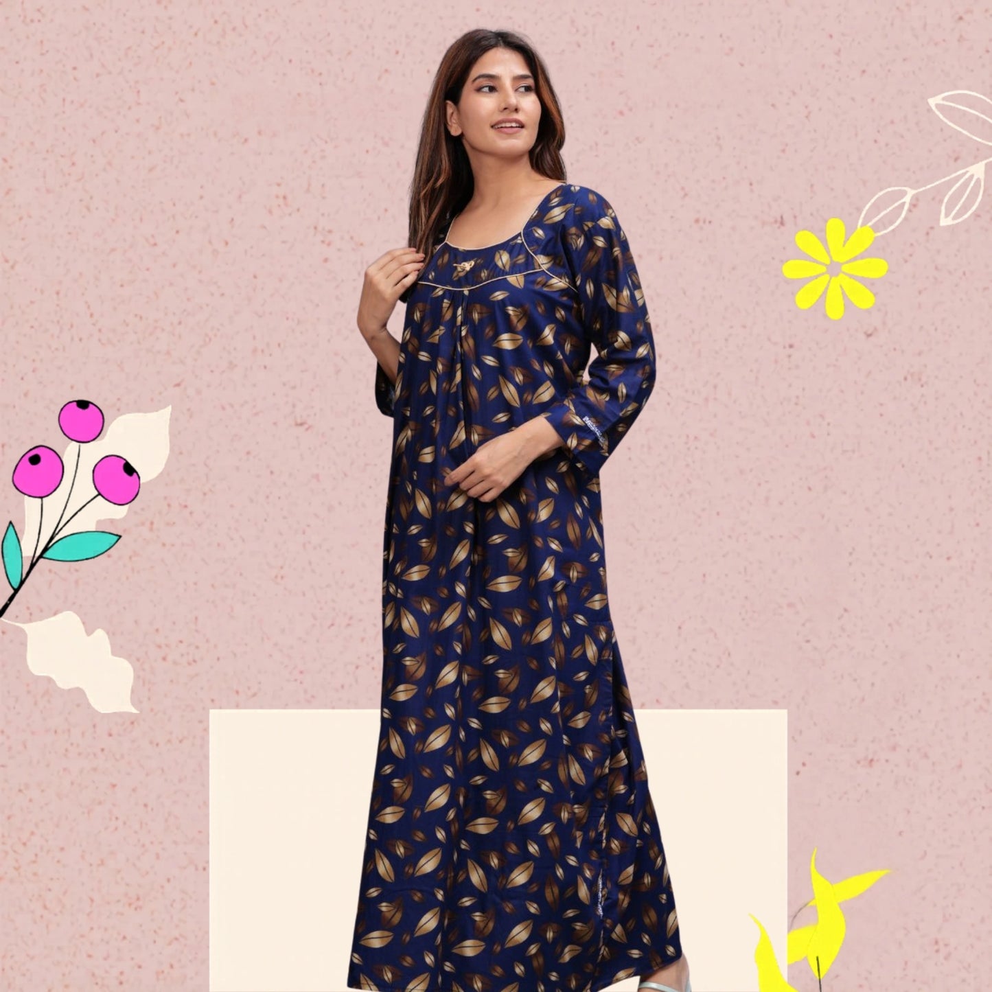 Full Sleeves Cotton Nightgown for Women(Navy Blue, XL)
