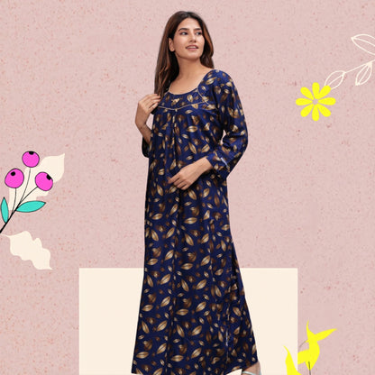 Full Sleeves Cotton Nightgown for Women(Navy Blue, XL)