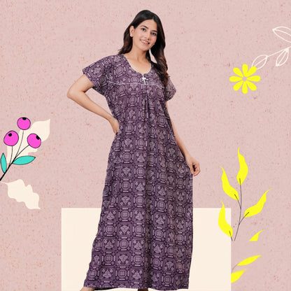 Women's Cotton Maxi Nighty, Geometric Print, Short Sleeve, Full Length Night Dress (Purple, XL)