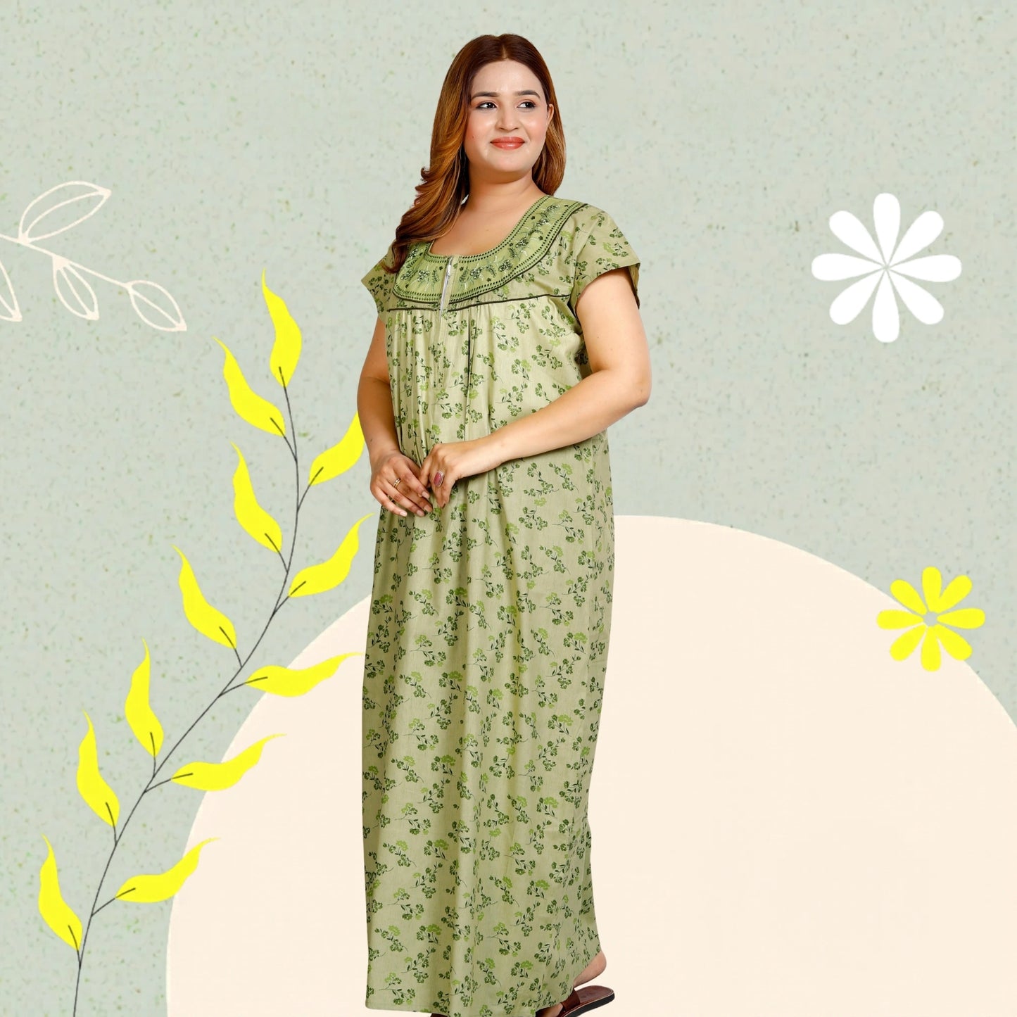 Floral Print Embroidery Nighty for Women(Kelly Green)