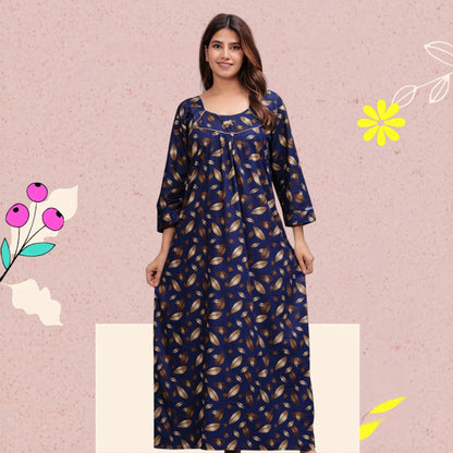 Full Sleeves Cotton Nightgown for Women(Navy Blue, XL)