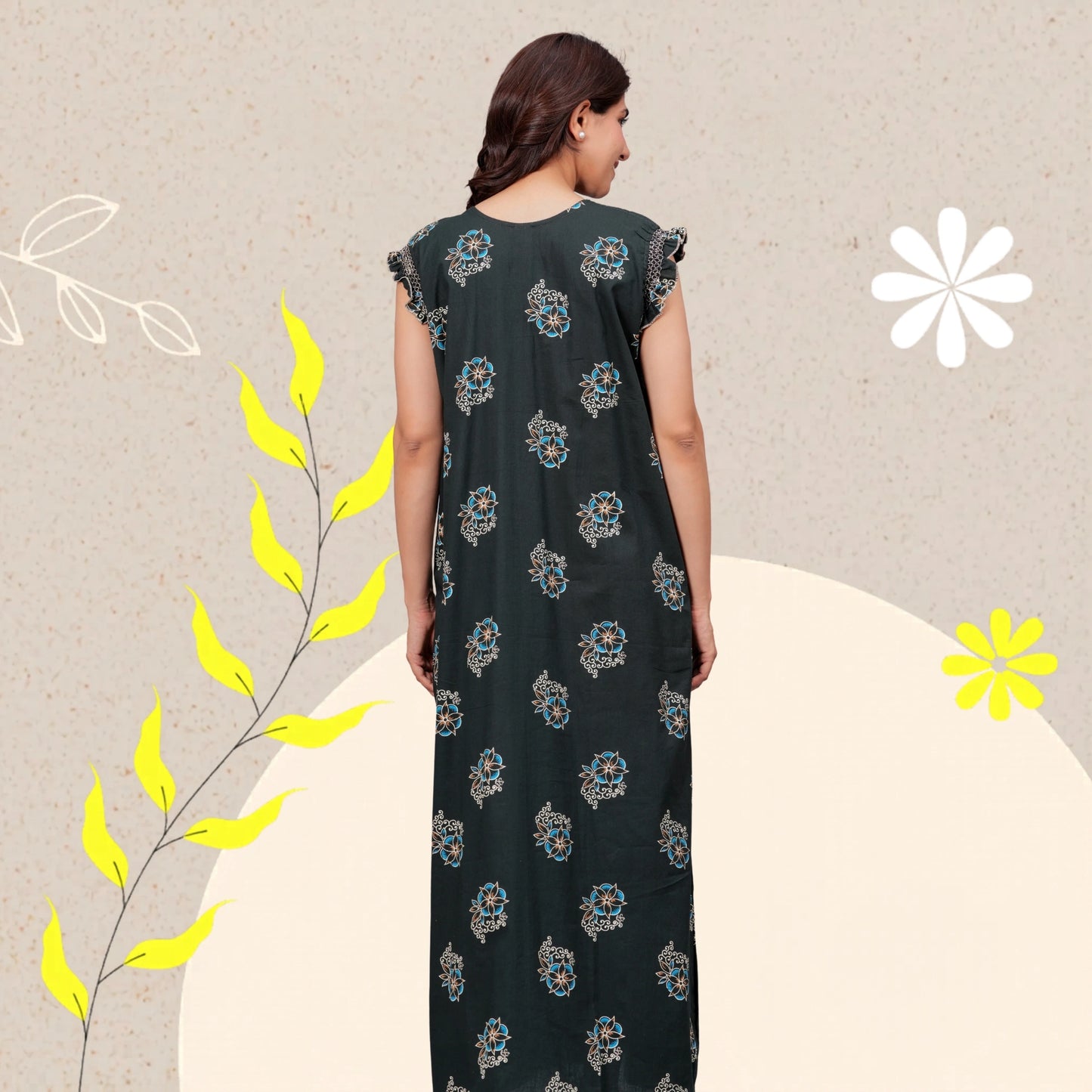 HARGUN NIGHT WEAR Cotton Nightgown for Women | Stylish Nighty Maxi Nightwear Floral Gown for Women Night Wear with Pocket (Green, XL)