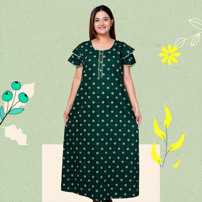 Dark Green Pure Cotton Printed Nighty Maxi with Side Pocket | Soft & Breathable Women’s Nightgown