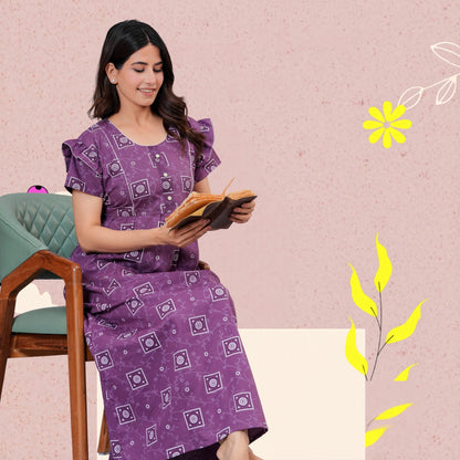 HARGUN NIGHT WEAR Women's Cotton Maxi Nighty, Printed, Ruffle Sleeves, Round Neck, All Day Comfort (Purple, XL)