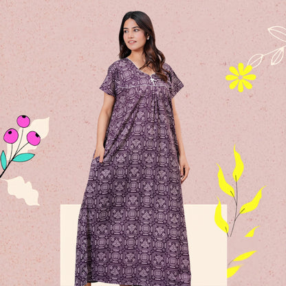 Women's Cotton Maxi Nighty, Geometric Print, Short Sleeve, Full Length Night Dress (Purple, XL)