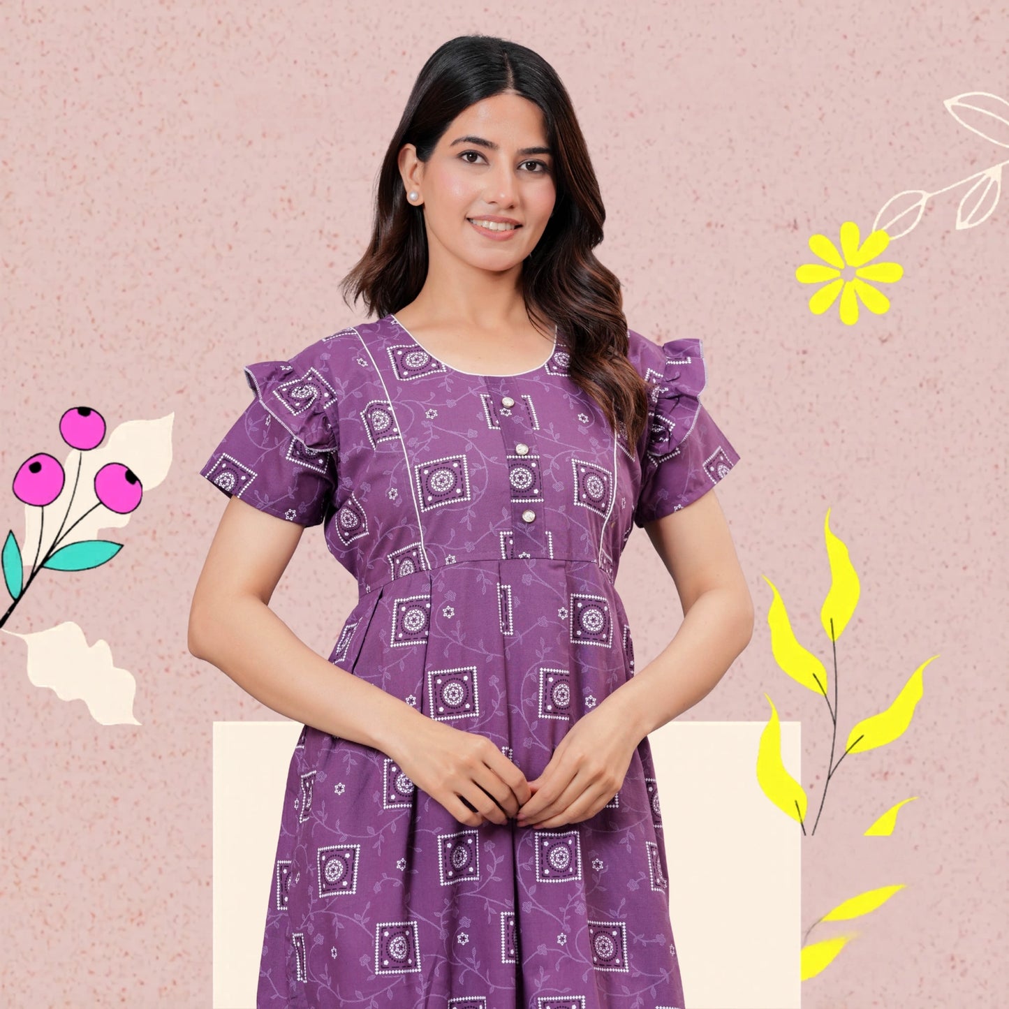 HARGUN NIGHT WEAR Women's Cotton Maxi Nighty, Printed, Ruffle Sleeves, Round Neck, All Day Comfort (Purple, XL)
