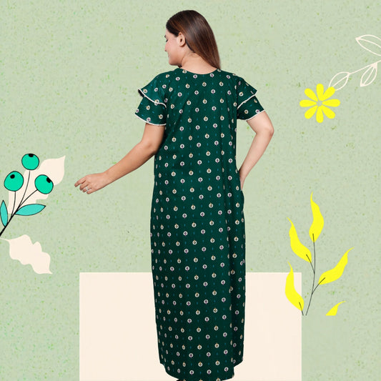 Dark Green Pure Cotton Printed Nighty Maxi with Side Pocket | Soft & Breathable Women’s Nightgown