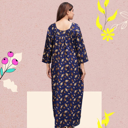 Full Sleeves Cotton Nightgown for Women(Navy Blue, XL)