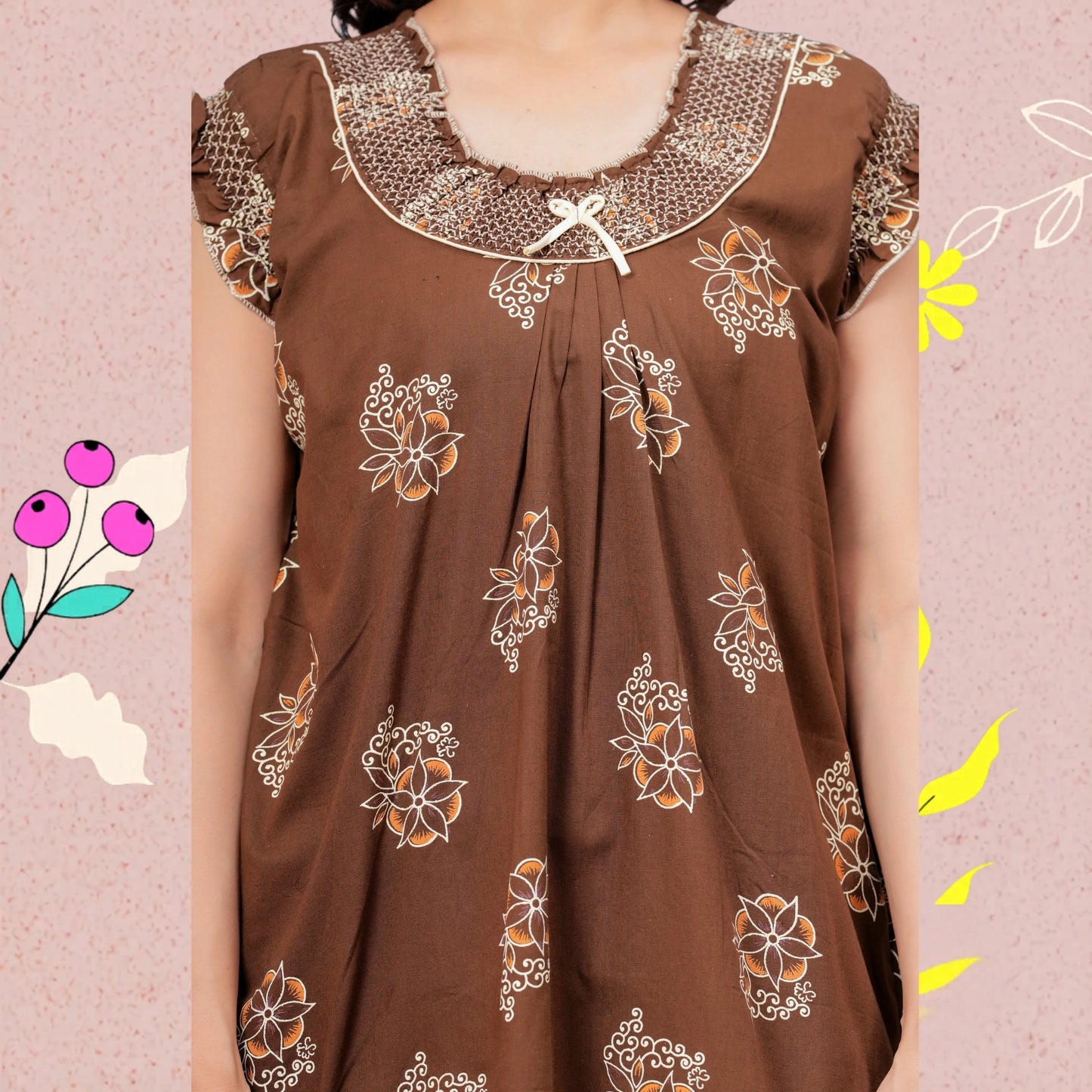 HARGUN NIGHT WEAR Cotton Nightgown for Women | Stylish Nighty Maxi Nightwear Floral Gown for Women Night Wear with Pocket ((Brown, XL)