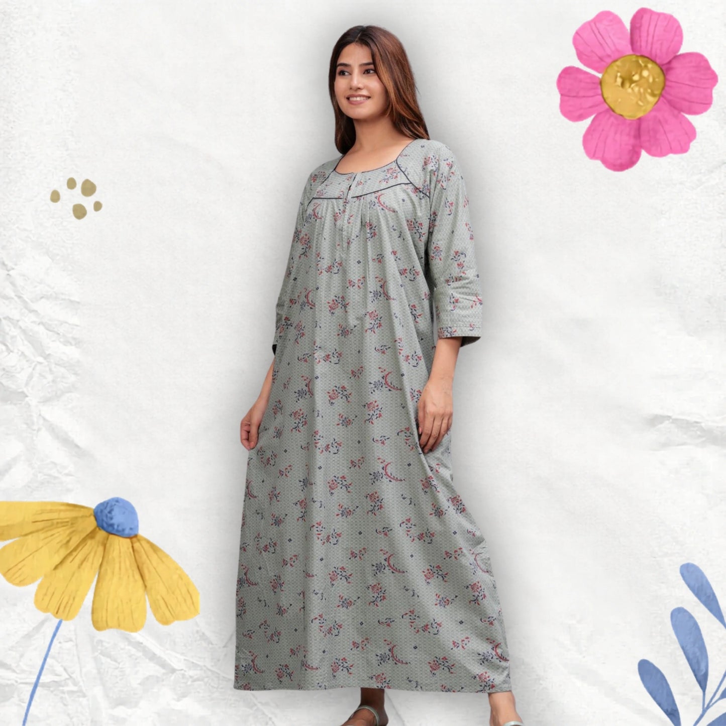 Cotton Full Sleeves Nightgown for Women (Cardamom Grey, XL)
