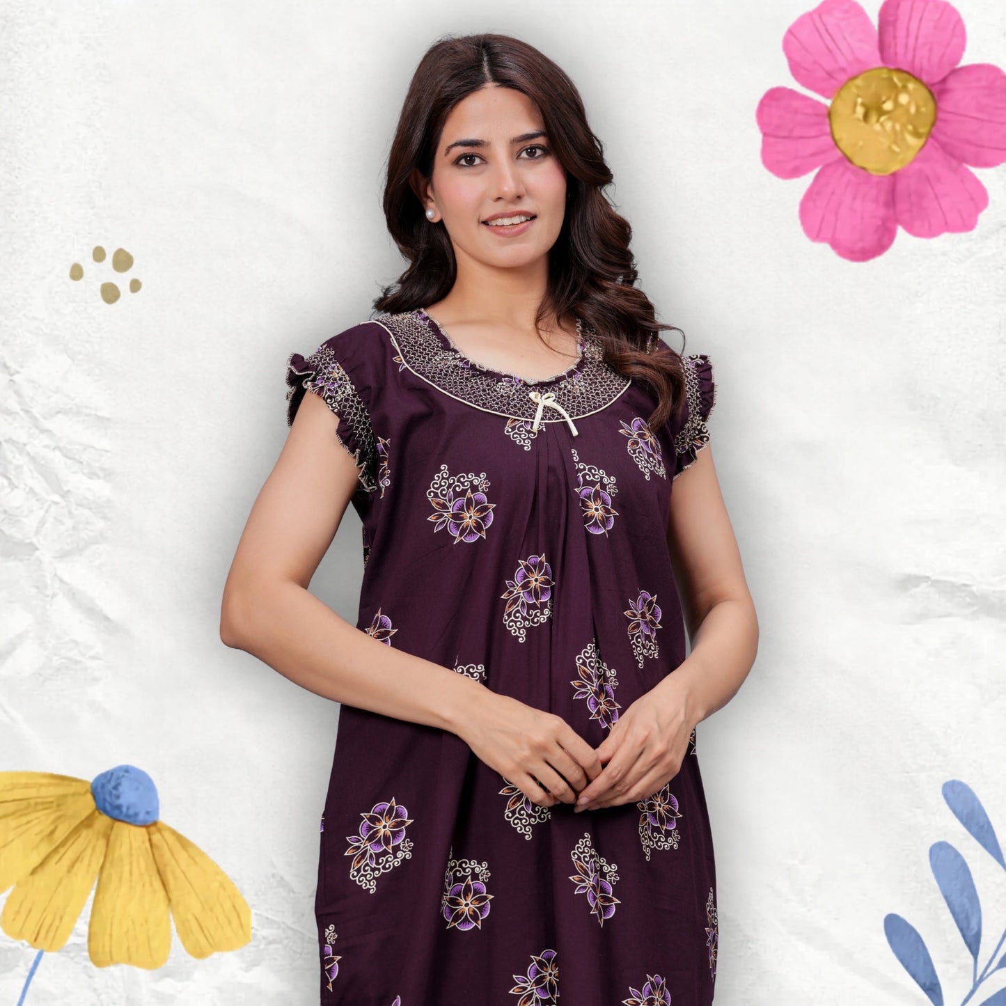 HARGUN NIGHT WEAR Cotton Nightgown for Women | Stylish Nighty Maxi Nightwear Floral Gown for Women Night Wear with Pocket (Purple, XL)