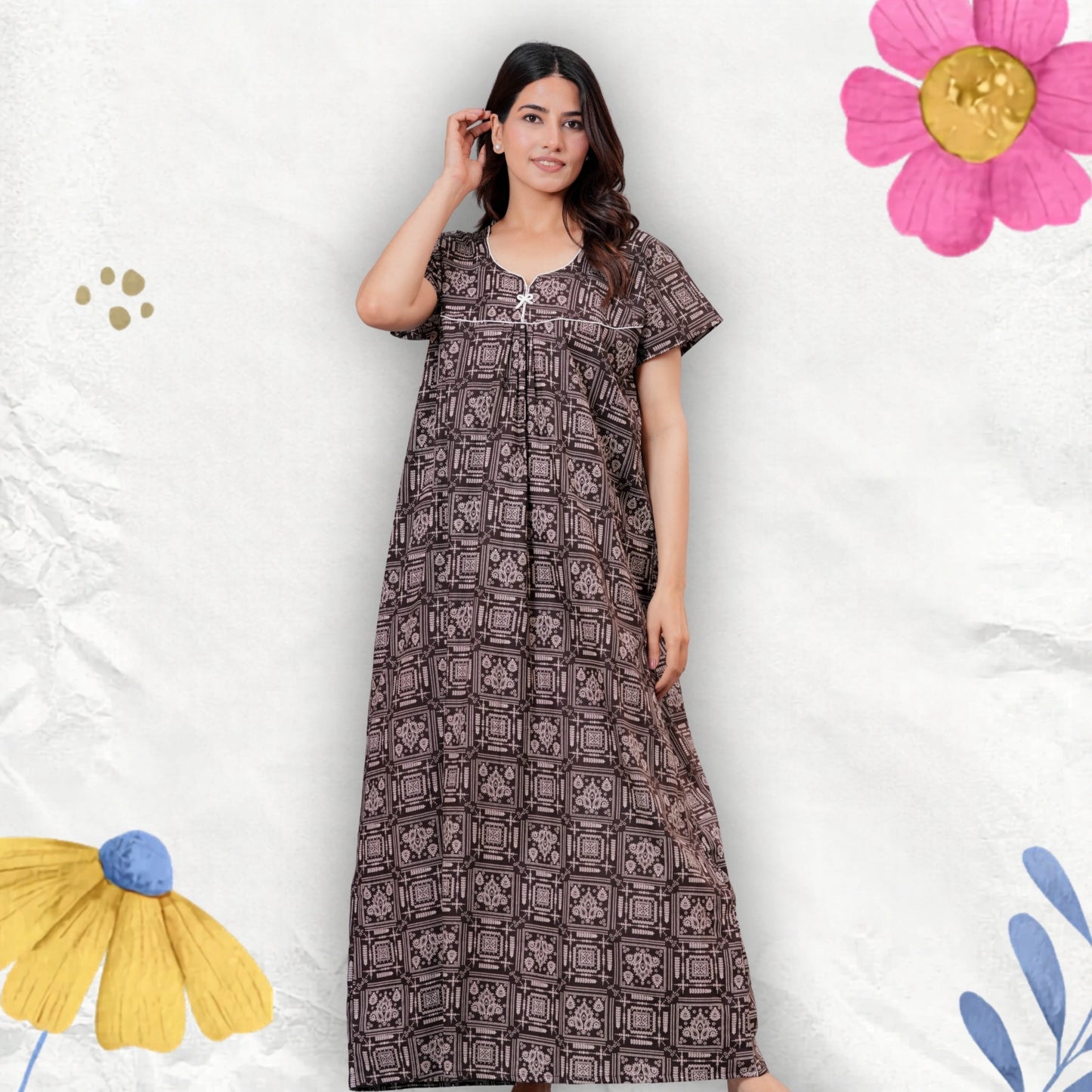 Women's Cotton Maxi Nighty, Geometric Print, Short Sleeve, Full Length Night Dress (Brown, XL)