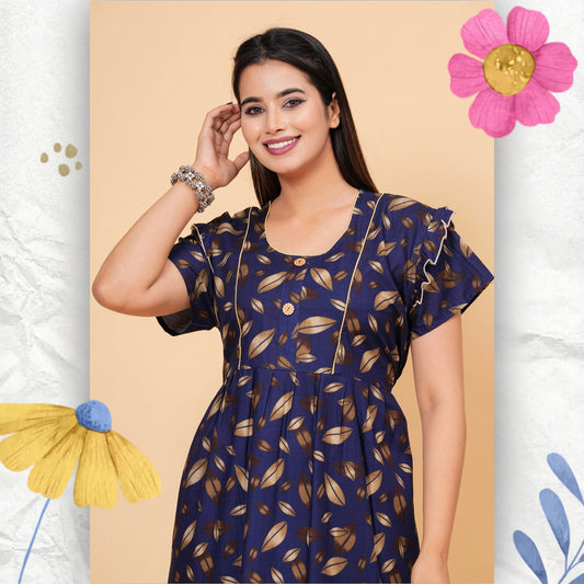Women's Cotton Floral Print Maxi Nightgown (Navy Blue)