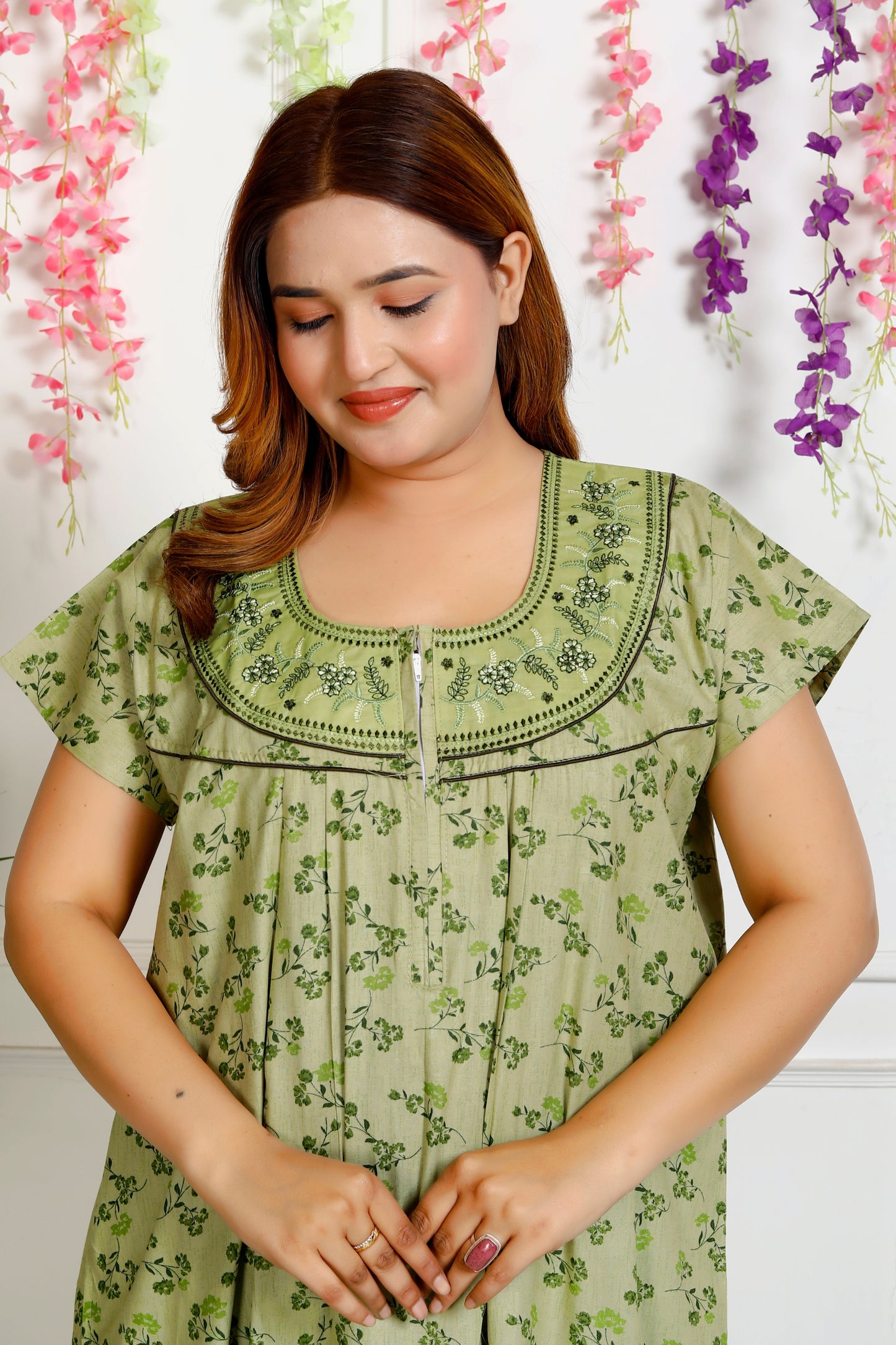Floral Print Embroidery Nighty for Women(Kelly Green)
