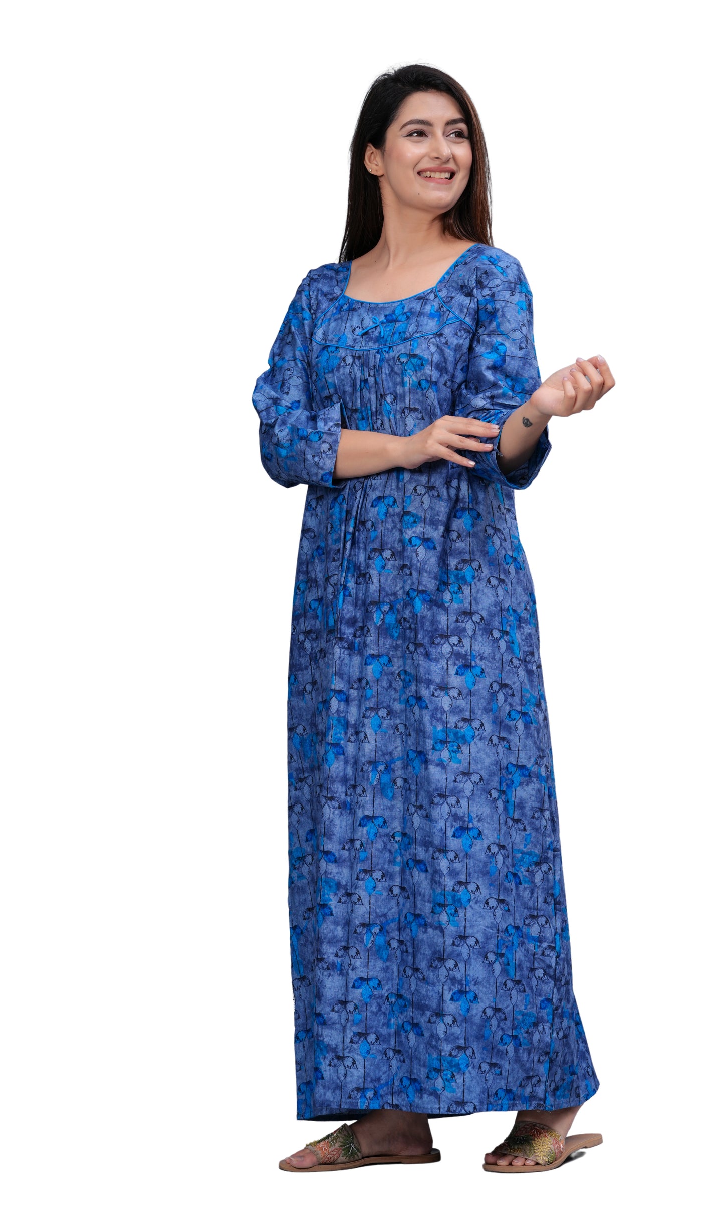 Women's Cotton Floral Print Full Sleeve Maxi Nightgown (Blue ,XL)