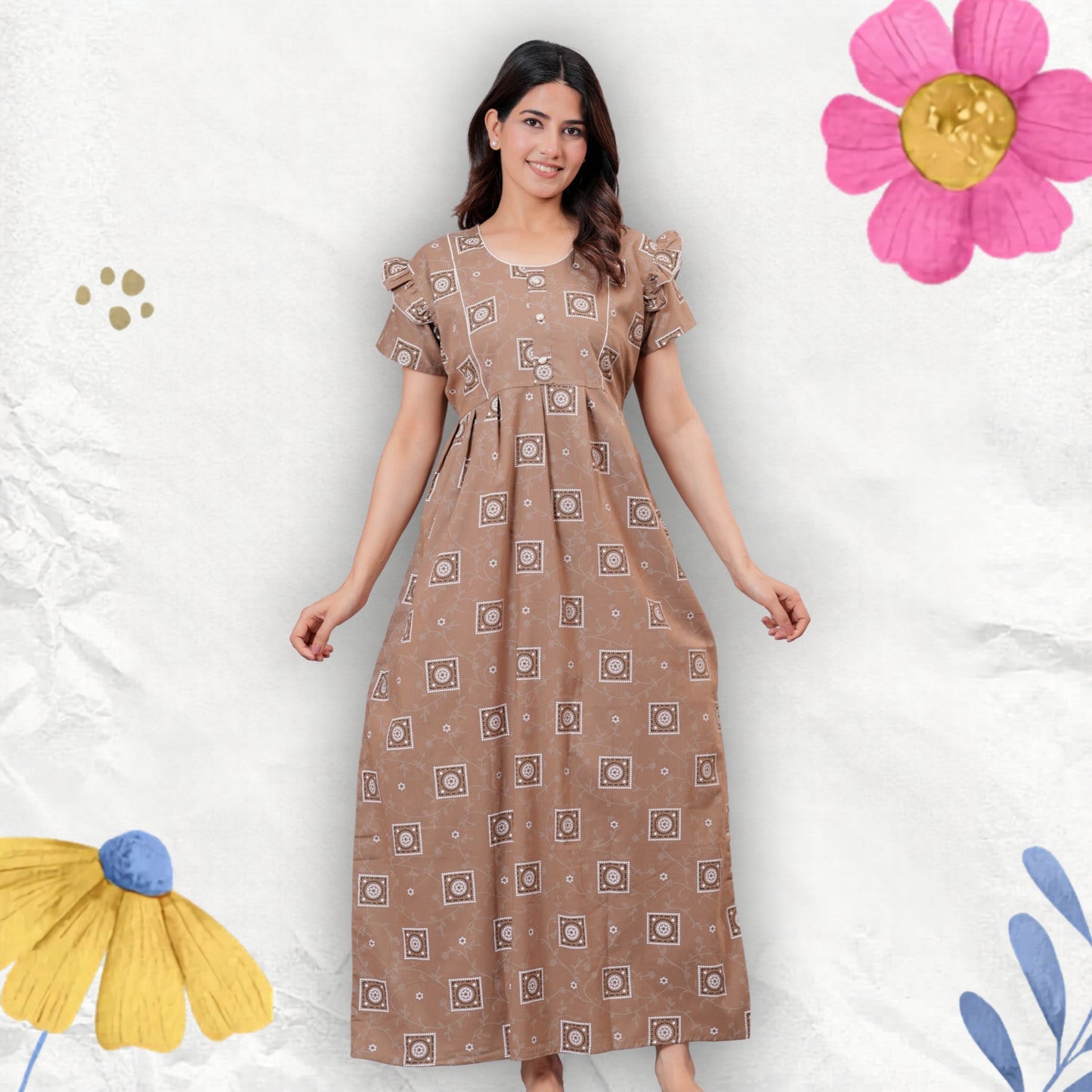 HARGUN NIGHT WEAR Women's Cotton Maxi Nighty, Printed, Ruffle Sleeves, Round Neck, All Day Comfort (Beige, XL)