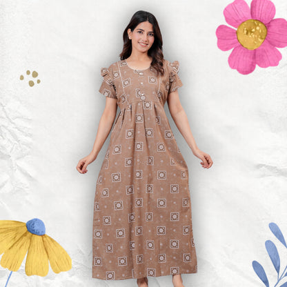 HARGUN NIGHT WEAR Women's Cotton Maxi Nighty, Printed, Ruffle Sleeves, Round Neck, All Day Comfort (Beige, XL)