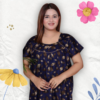 Short Sleeves Nightgown for Women, Cotton, Full Length,  (XL, Navy Blue, Dark Pink)