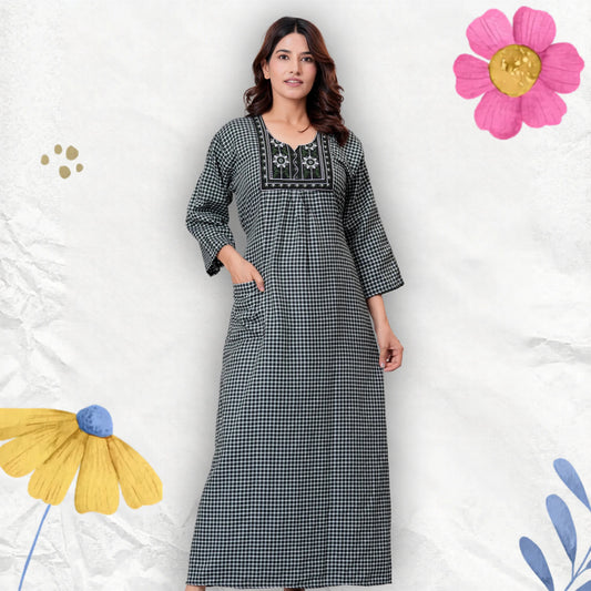 HARGUN Women's Cotswool Square Check Nightgown – Green Full Sleeve Winter Maxi