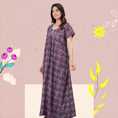 Women's Cotton Maxi Nighty, Geometric Print, Short Sleeve, Full Length Night Dress (Purple, XL)