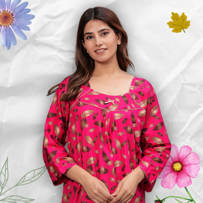 Full Sleeves Cotton Nightgown for Women (Raani Pink, XL)