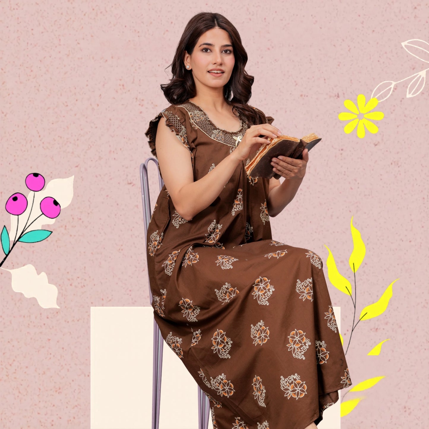 HARGUN NIGHT WEAR Cotton Nightgown for Women | Stylish Nighty Maxi Nightwear Floral Gown for Women Night Wear with Pocket ((Brown, XL)
