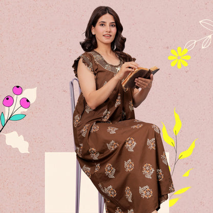 HARGUN NIGHT WEAR Cotton Nightgown for Women | Stylish Nighty Maxi Nightwear Floral Gown for Women Night Wear with Pocket ((Brown, XL)