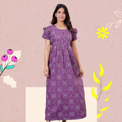 HARGUN NIGHT WEAR Women's Cotton Maxi Nighty, Printed, Ruffle Sleeves, Round Neck, All Day Comfort (Purple, XL)