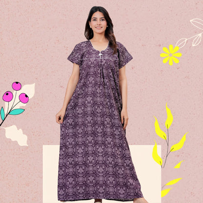 Women's Cotton Maxi Nighty, Geometric Print, Short Sleeve, Full Length Night Dress (Purple, XL)