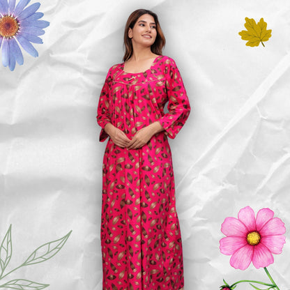 Full Sleeves Cotton Nightgown for Women (Raani Pink, XL)
