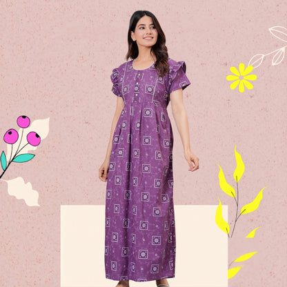 HARGUN NIGHT WEAR Women's Cotton Maxi Nighty, Printed, Ruffle Sleeves, Round Neck, All Day Comfort (Purple, XL)