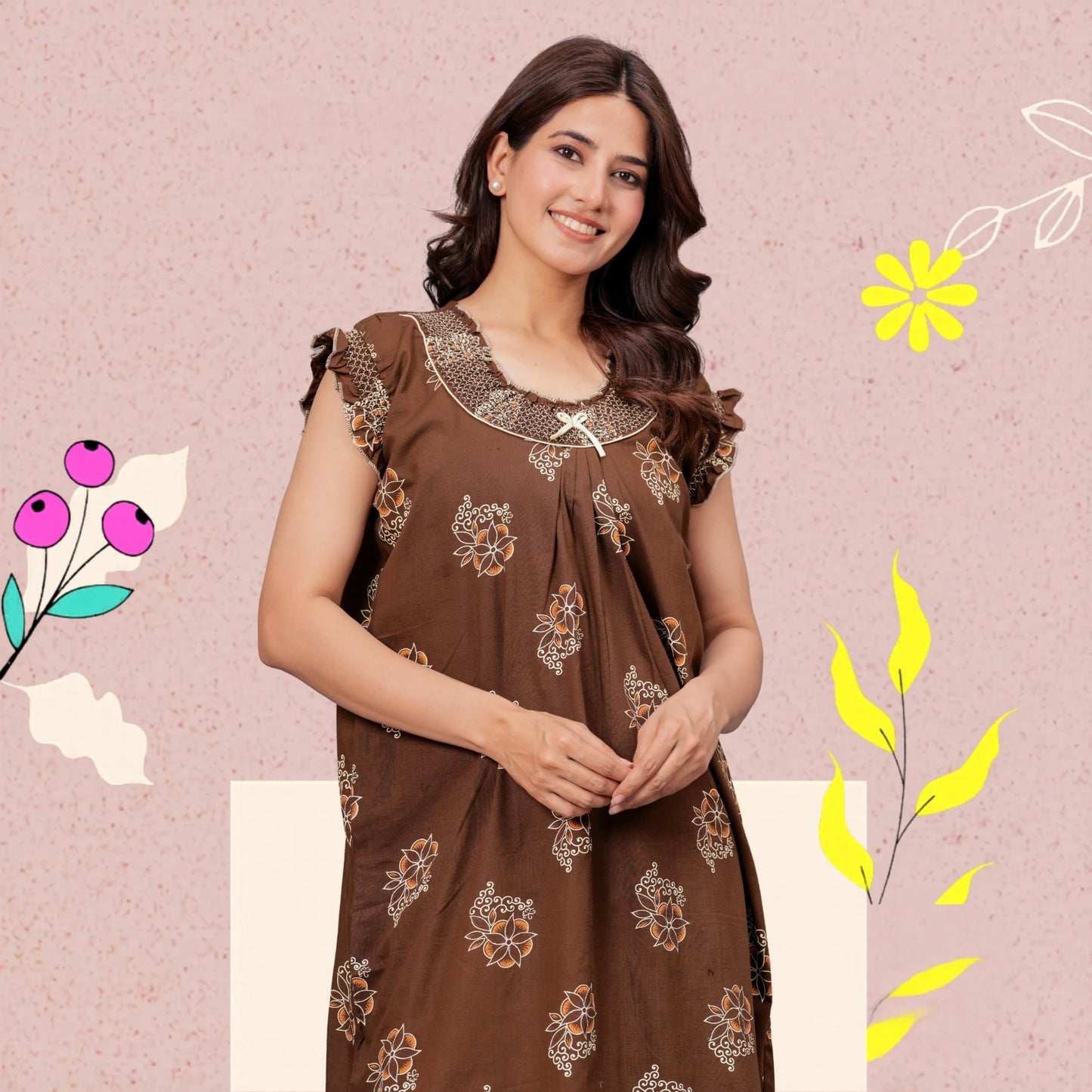 HARGUN NIGHT WEAR Cotton Nightgown for Women | Stylish Nighty Maxi Nightwear Floral Gown for Women Night Wear with Pocket ((Brown, XL)