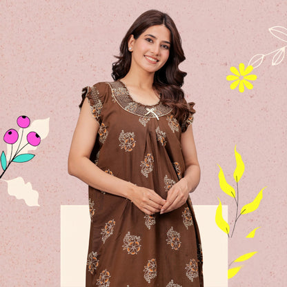 HARGUN NIGHT WEAR Cotton Nightgown for Women | Stylish Nighty Maxi Nightwear Floral Gown for Women Night Wear with Pocket ((Brown, XL)