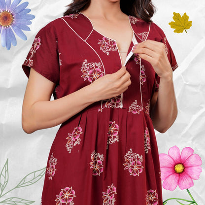 Women’s Pure Cotton Floral Nightgown  Full Length Maxi Nighty with Front Zipper & Adjustable Waist Tie