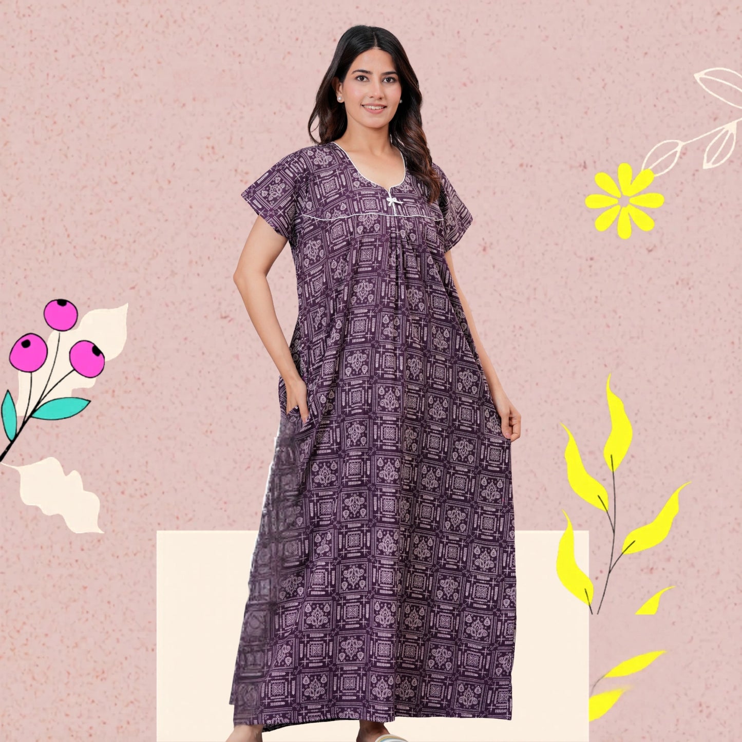 Women's Cotton Maxi Nighty, Geometric Print, Short Sleeve, Full Length Night Dress (Purple, XL)