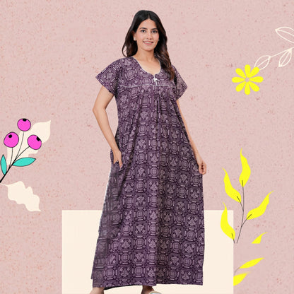 Women's Cotton Maxi Nighty, Geometric Print, Short Sleeve, Full Length Night Dress (Purple, XL)