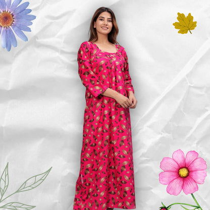 Full Sleeves Cotton Nightgown for Women (Raani Pink, XL)