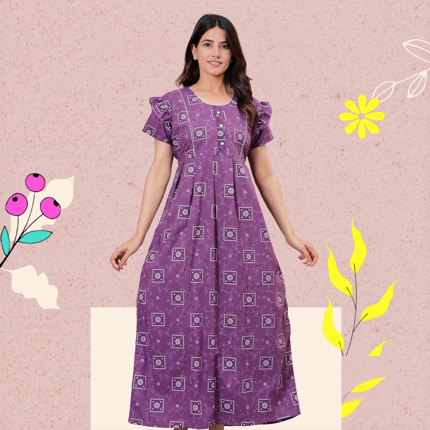HARGUN NIGHT WEAR Women's Cotton Maxi Nighty, Printed, Ruffle Sleeves, Round Neck, All Day Comfort (Purple, XL)
