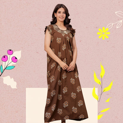 HARGUN NIGHT WEAR Cotton Nightgown for Women | Stylish Nighty Maxi Nightwear Floral Gown for Women Night Wear with Pocket ((Brown, XL)