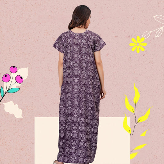 Women's Cotton Maxi Nighty, Geometric Print, Short Sleeve, Full Length Night Dress (Purple, XL)
