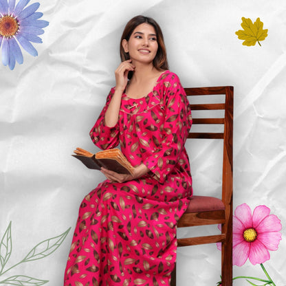 Full Sleeves Cotton Nightgown for Women (Raani Pink, XL)