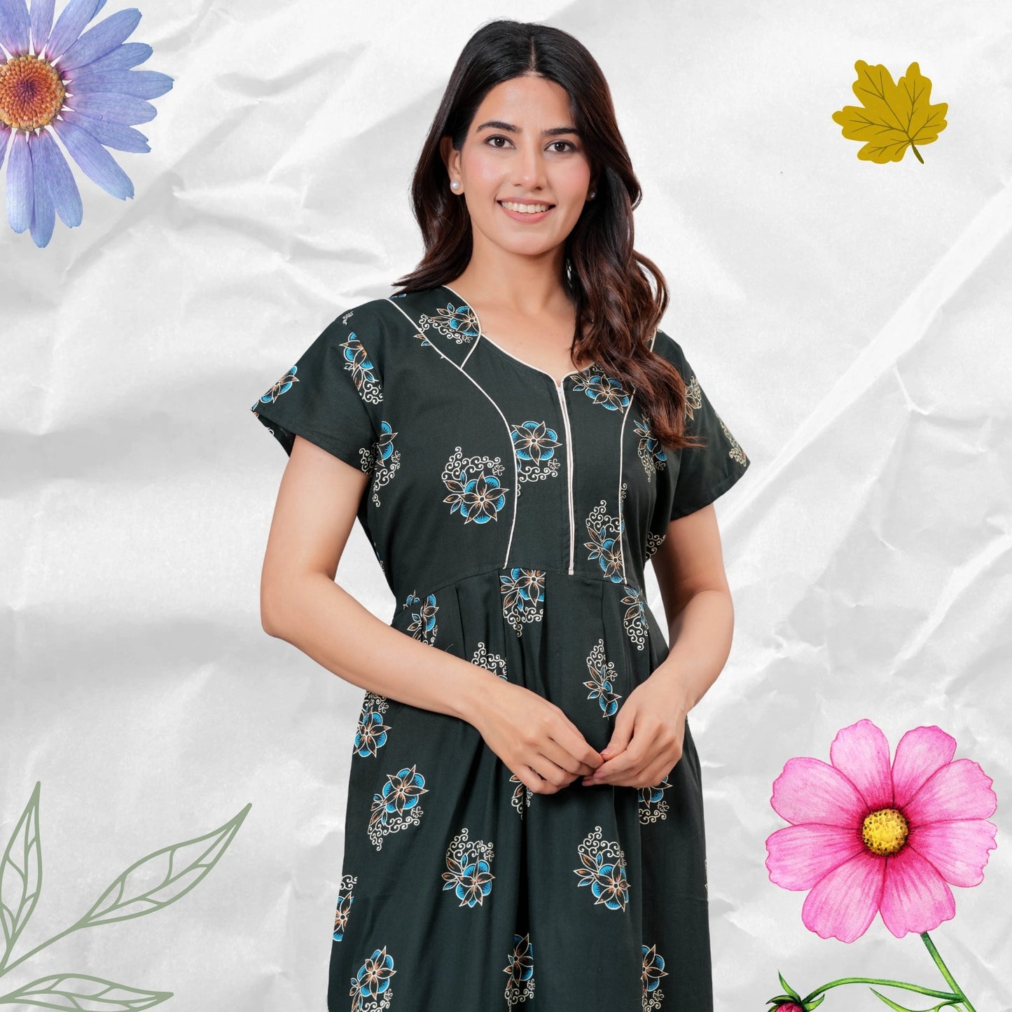 Women’s Pure Cotton Floral Nightgown  Full Length Maxi Nighty with Front Zipper & Adjustable Waist Tie