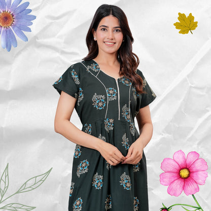 Women’s Pure Cotton Floral Nightgown  Full Length Maxi Nighty with Front Zipper & Adjustable Waist Tie