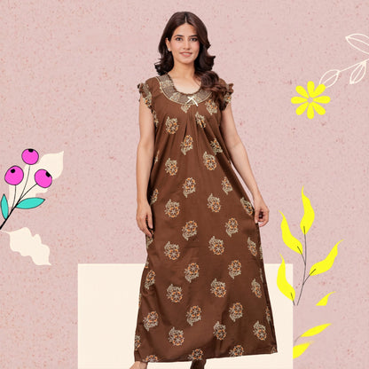 HARGUN NIGHT WEAR Cotton Nightgown for Women | Stylish Nighty Maxi Nightwear Floral Gown for Women Night Wear with Pocket ((Brown, XL)